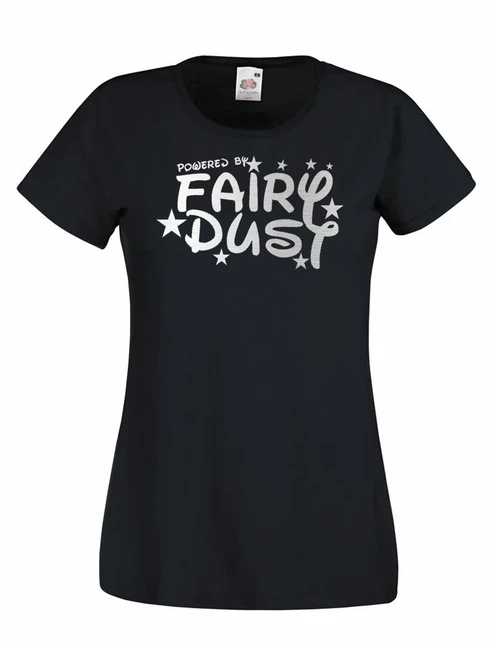 Womens Powered By Fairy Dust Magic Fantasy Princess Lady Fit Black T-Shirt