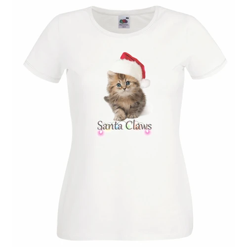 Womens Santa Claws Cute Kitten Cat Feline Xmas Christmas Themed White Lady Fit T-Shirt
