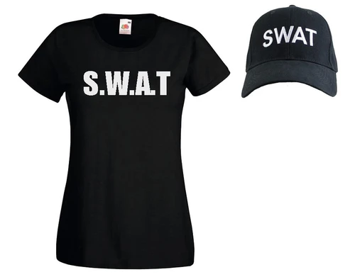 Womens SWAT Police Riot Team Special Forces Squad Lady Fit Black T-Shirt & Swat Cap