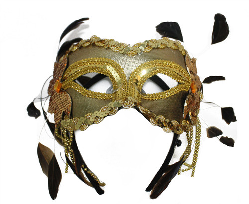 Womens Gold Feathered Masquerade Mask Fancy Dress Ball Costume Accessory