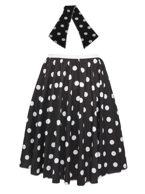Adults 22" Length Black & White Polka Dot Rock & Roll Skirt & Necktie Fancy Dress Adults 22" Length Black & White Polka Dot Rock & Roll Skirt & Necktie Fancy Dress