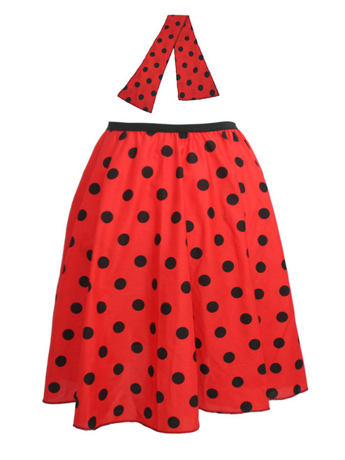 Adults 22" Length Red & Black Polka Dot Rock & Roll Skirt & Necktie Fancy Dress Adults 22" Length Red & Black Polka Dot Rock & Roll Skirt & Necktie Fancy Dress