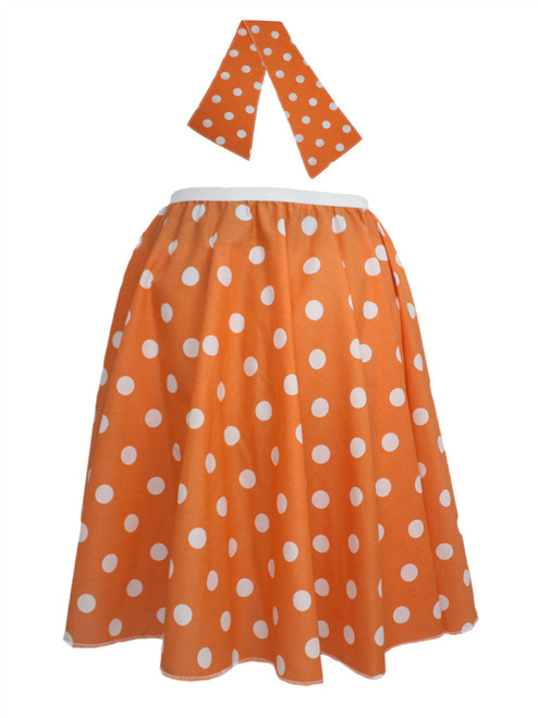 Ladies 22" Orange & White Polka Dot Rock & Roll Skirt & Necktie Fancy Dress Ladies 22" Orange & White Polka Dot Rock & Roll Skirt & Necktie Fancy Dress