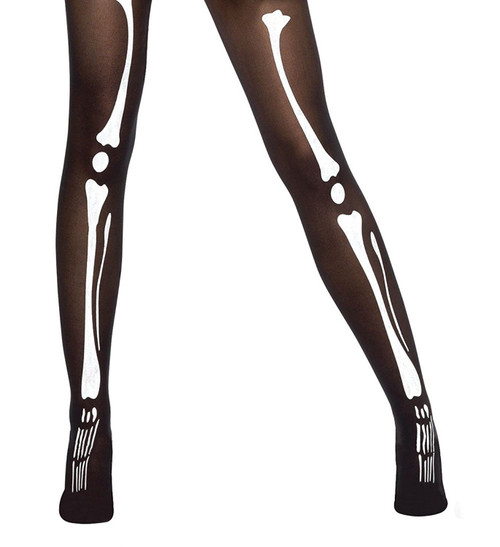 Ladies Black Tights with Bone Print Halloween Fancy Dress Skeleton Leg Accessory