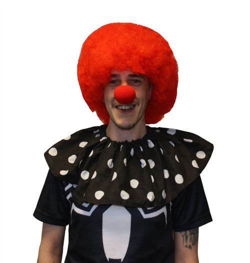 Black & White Polka Dot Clown Collar With Red Afro & Sponge Clown Nose