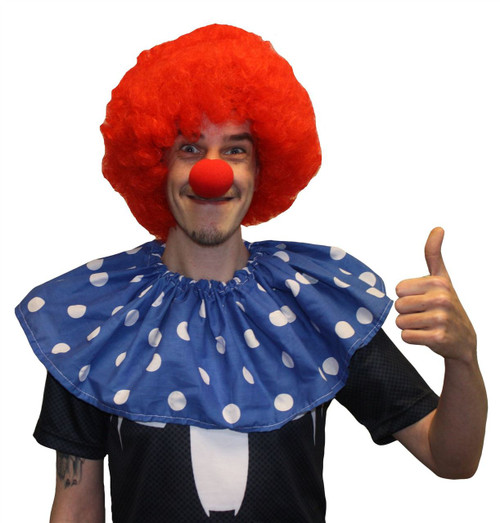 Blue & White Polka Dot Clown Collar With Red Afro & Sponge Clown Nose