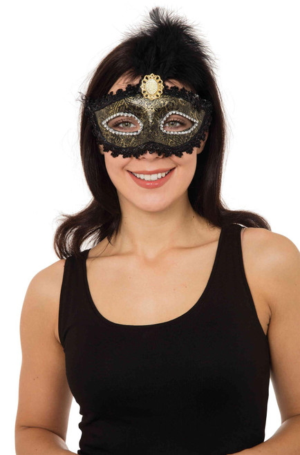 Bronze Eye Mask Tall Feather & Stone Masquerade Ball Fancy Dress Eyewear