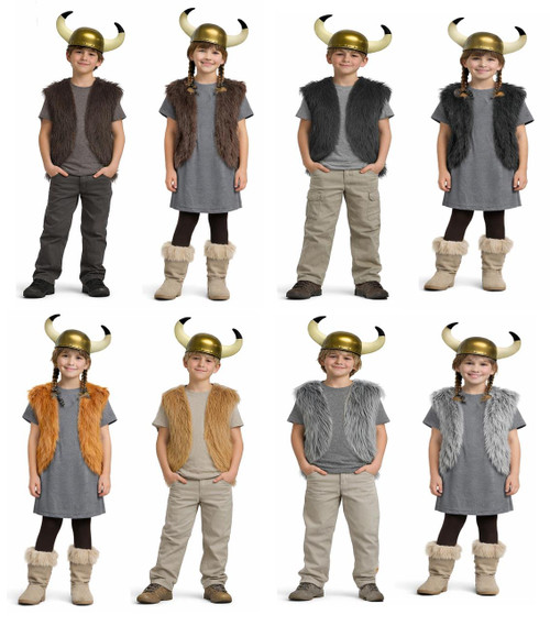 Childs Barbarian Viking Medieval Faux Fur Waistcoat & Horned Helmet Norse Fancy Dress Costume Accessory