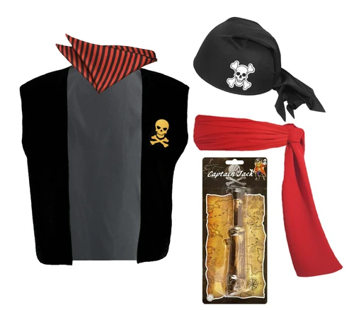 Adults Pirate Skull & Crossbones Waistcoat Bandana Hat & Sash Fancy Dress