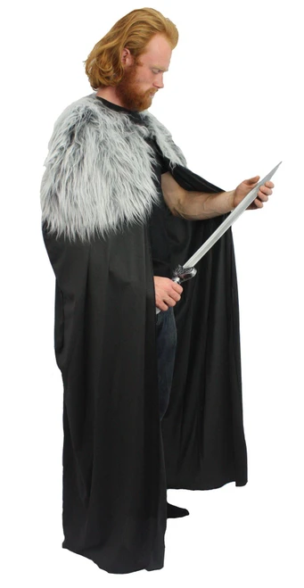 Adults Viking Norse Medieval Celtic 60" Black Long Cape Cloak Grey Wolf Faux Fur Collar Fancy Dress Costume Cloak