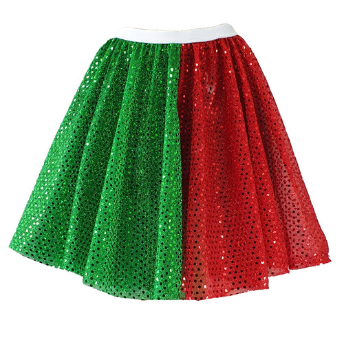 Adults 15" (38cm) Length Red & Green Sequined Elf Skirt Christmas Festive Fancy Dress