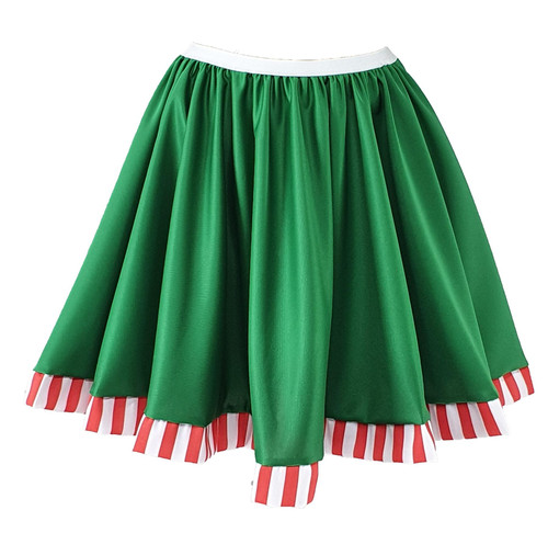 Childs 15" Length Festive Green Elf Skater Skirt With Red & White Candy Cane Trim Christmas Fancy Dress Childs 15" Length Festive Green Elf Skater Skirt With Red & White Candy Cane Trim Christmas Fancy Dress