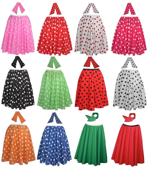 Adults 26" Polka Dot Spot Rockerbilly Rock N Roll Skirt & Neck Scarf 1950s Fancy Dress Adults 26" Polka Dot Spot Rockerbilly Rock N Roll Skirt & Neck Scarf 1950s Fancy Dress