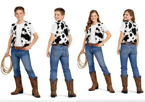Childs Woody Cow Print Waistcoat Cowboy Cowgirl Wild West Western Movie World Book Day Fancy Dress