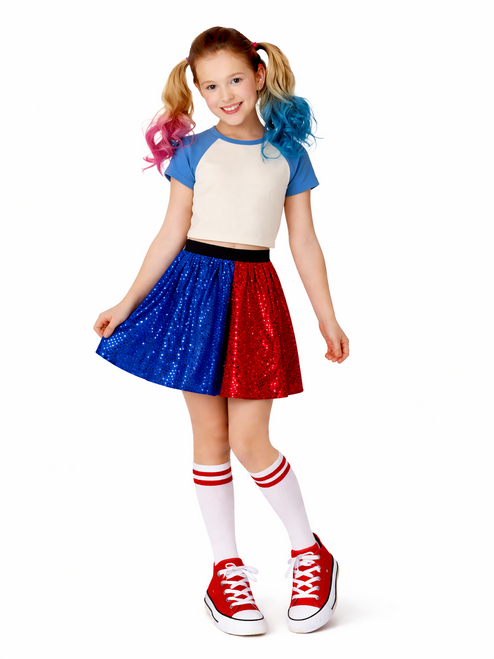 Childs Harlequin 2 Tone Blue & Red Sequined Skirt Superhero Villain Halloween Movie Fancy Dress
