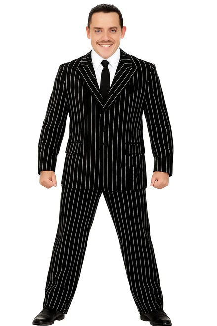 Adults Gomez Adams Black Pinstripe Suit & Tie Halloween Movie Family Fancy Dress Costume