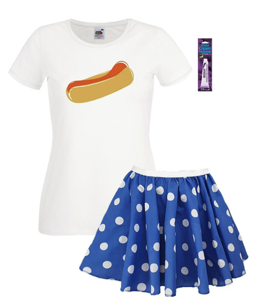Adult Womens Captain Spaulding 1000 Corpses Hot Dog T-Shirt & 15" Length Blue Polka Dot Skirt Halloween Horror Movie Fancy Dress Adult Womens Captain Spaulding 1000 Corpses Hot Dog T-Shirt & 15" Length Blue Polka Dot Skirt Halloween Horror Movie Fancy Dress