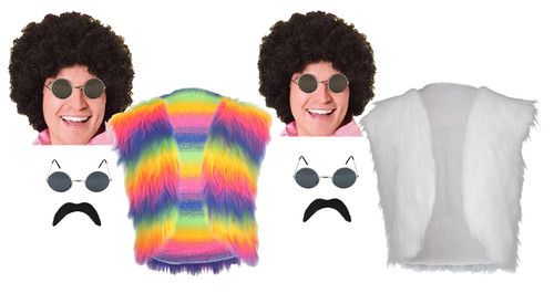 Mens Disco Dave Glam Rock Faux Fur Waistcoat Afro Wig Shades & Moustache 1970s Fancy Dress
