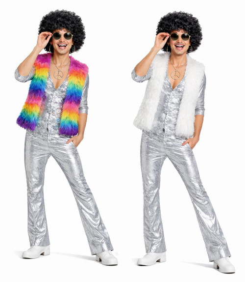 Mens Disco Dave Glam Rock Faux Fur Waistcoat Afro Wig Shades & Moustache 1970s Fancy Dress