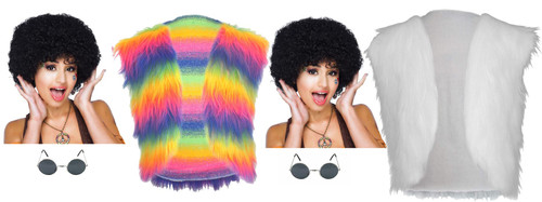Womens Disco Diva Glam Rock Faux Fur Waistcoat Shades & Afro Wig 1970s Fancy Dress