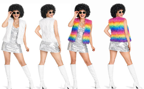 Womens Disco Diva Glam Rock Faux Fur Waistcoat Shades & Afro Wig 1970s Fancy Dress