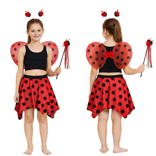 Girls Ladybird Lady Bug Handkerchief Skirt & Wings Set Insect Fancy Dress