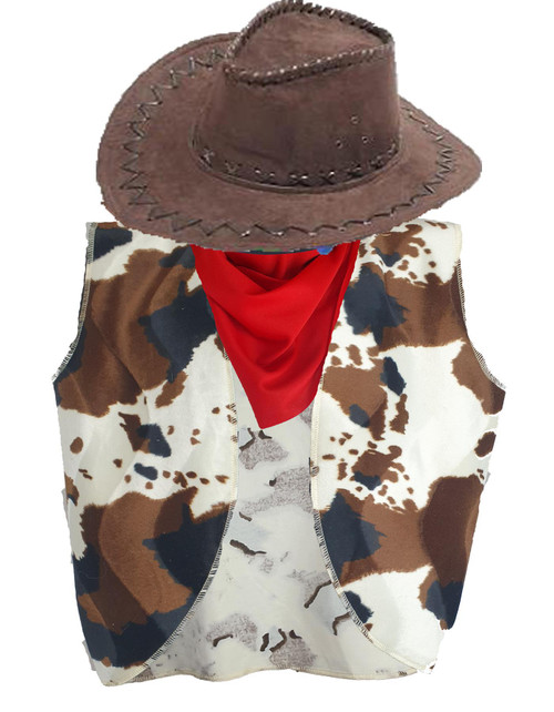 Adults Buffalo Cowboy Cowgirl Waistcoat Neckerchief & Hat Western Wild West Fancy Dress Costume