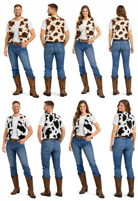 Adults Wild West Western Cowboy Cowgirl Cow Print Waistcoat Fancy Dress