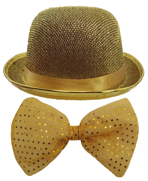 Adults Showman Ring Master Gold Bowler Hat & Gold Sequin Bowtie [One Size]