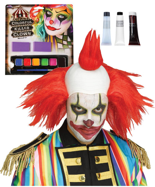 Adults Deluxe Twisted Killer Clown Wig & Makeup FX Kit Halloween Fancy Dress Costume Accessory