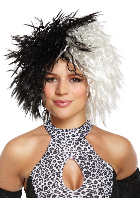 Dalmatian Dog Snatcher Cruella Black & White Wig Halloween World Book Day Fancy Dress Accessory