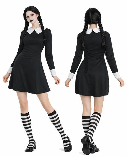 Adults Gothic Family Scary Daughter Wednesday Halloween Movie Fancy Dress Costume