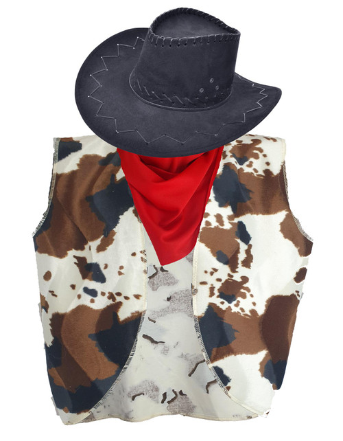 Adults Cowboy Cowgirl Waistcoat Hat & Neckerchief Western Wild West Fancy Dress