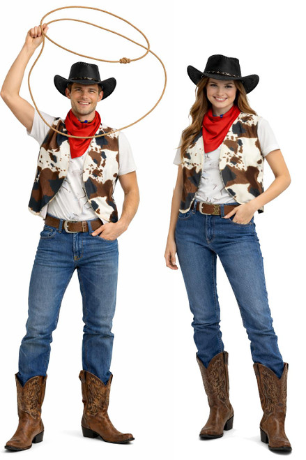 Adults Cowboy Cowgirl Waistcoat Hat & Neckerchief Western Wild West Fancy Dress