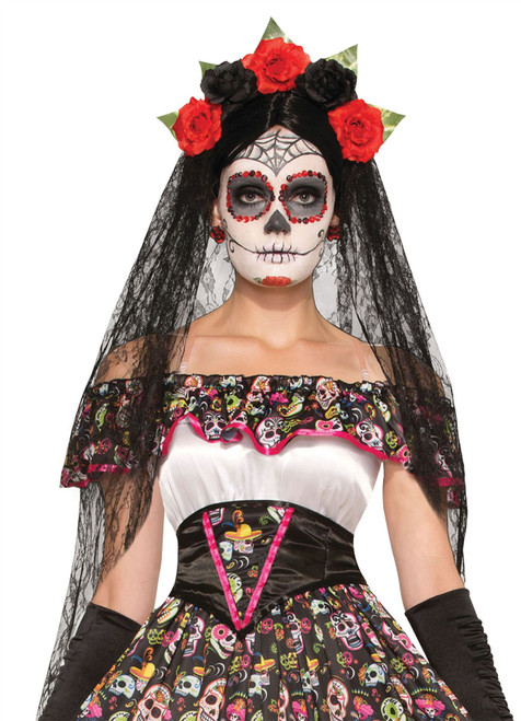 Ladies Mexican Day of the Dead Flower Veil Fancy Dress Costume Accessory