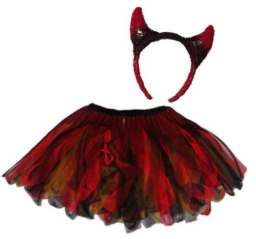 Adults Satans Flame 12" Length Tutu Skirt & Devil Horns Halloween Fancy Dress Costume Accessory