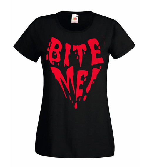 Womens Bite Me Vampire Dracula Halloween Lady Fit Black T-Shirt
