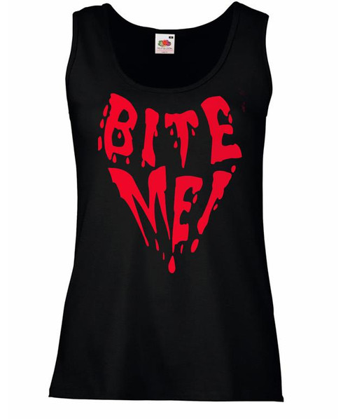 Womens Bite Me Vampire Dracula Halloween Horror Quote Lady Fit Black Vest Top