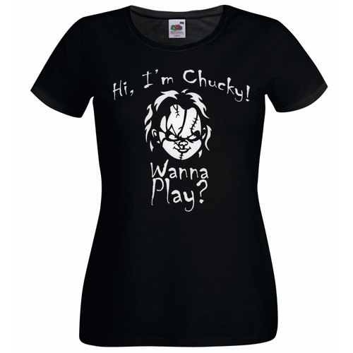 Womens Killer Doll Wanna Play Halloween Horror Film Quote Lady Fit Black T-Shirt