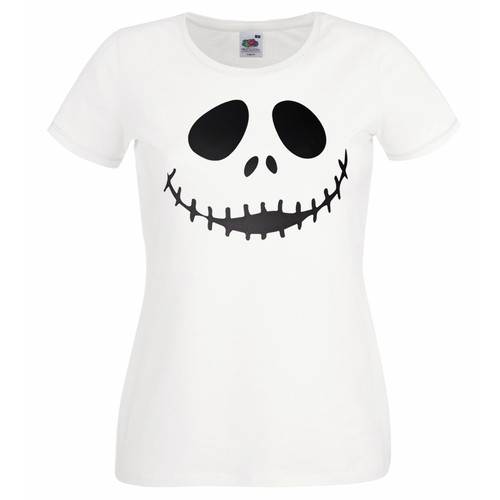 Womens Skeleton Smile Face Halloween Holiday Animated Movie Lady Fit White T-Shirt
