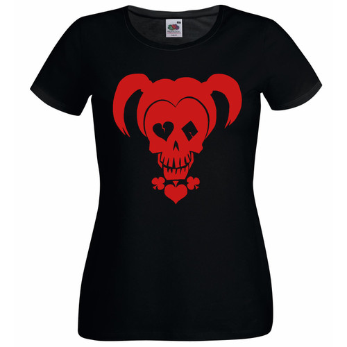 Womens Harlequin Skull Evil Female Villain Henchwoman Lady Fit Black T-Shirt