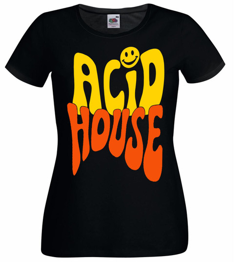 Womens Acid House Rave Dance Music Festival 80's 90's Lady Fit Black T-Shirt