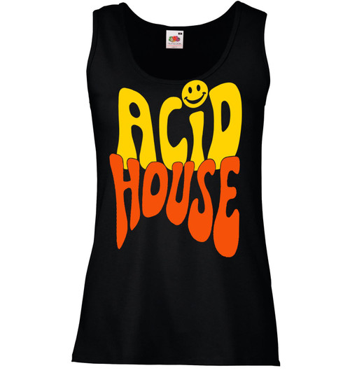 The Dragons Den Womens Acid House Rave Dance Music Festival 80's 90's Lady Fit Black Vest Top The Dragons Den Womens Acid House Rave Dance Music Festival 80's 90's Lady Fit Black Vest Top