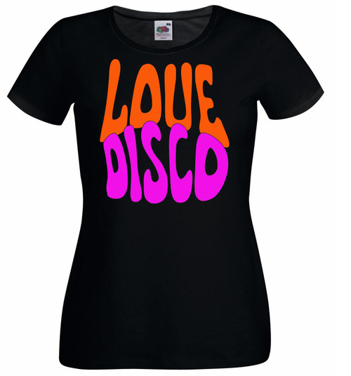 Womens Love Disco Dancing Groovy 1970s Retro 70s Lady Fit Black T-Shirt