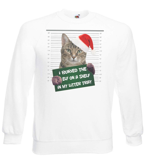 Adults Bad Cat I Buried The Elf In My Litter Tray Fun Unisex White Christmas Jumper