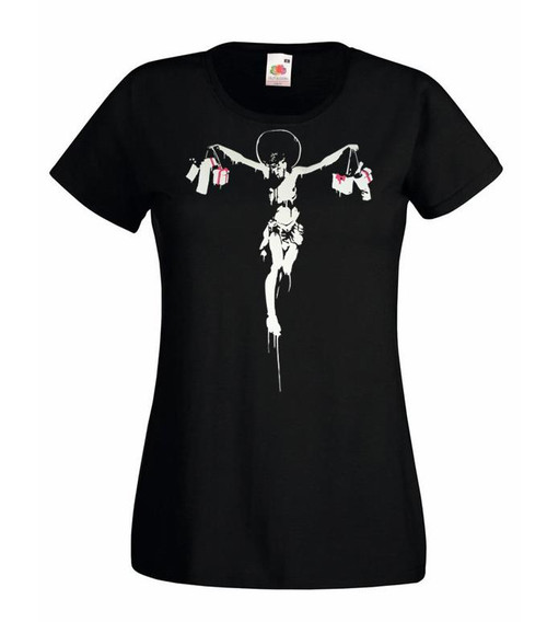 Womens Banksy Christmas Capitalism Jesus Style Street Art Lady Fit Black T-Shirt
