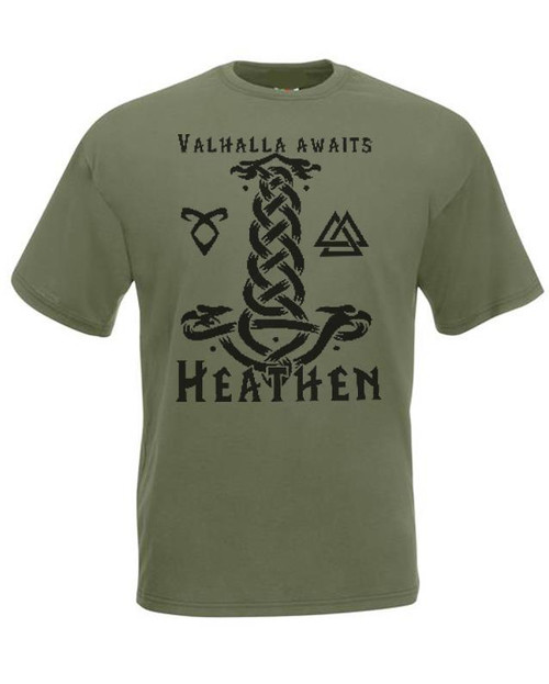 Mens Valhalla Awaits Norse Mythology Viking Pagan Olive Green Unisex T-Shirt Mens Valhalla Awaits Norse Mythology Viking Pagan Olive Green Unisex T-Shirt