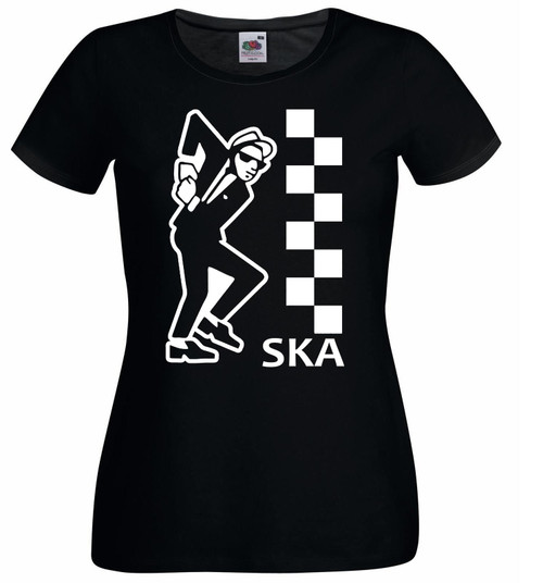 Womens Ska Music Vintage Dancing Man 1970's 1980's Chequered Lady Fit Black T-Shirt