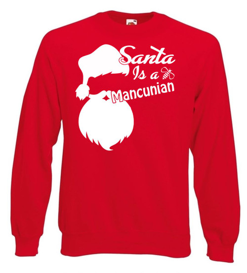Adults Santa is a Manc Mancunian Manchester Festive Red Unisex Christmas Jumper Adults Santa is a Manc Mancunian Manchester Festive Red Unisex Christmas Jumper