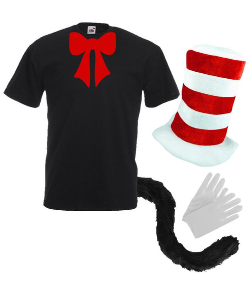 Adults Red & White Top Hat Gloves 30" Cats Tail & Black T-Shirt With Red Cravat World Book Day Cat Animal Fancy Dress Costume
